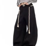 Black Drawstring Casual Pants Women Street Retro Harajuku Loose Cross Legged High Waist Slim Solid Color Sports Straight Pants