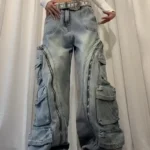 American New Fashion Retro Plus Size Washed Multi-pocket Overalls Jeans Women Y2K Street Straight BAGGY Wide Leg Drop Pants Tide